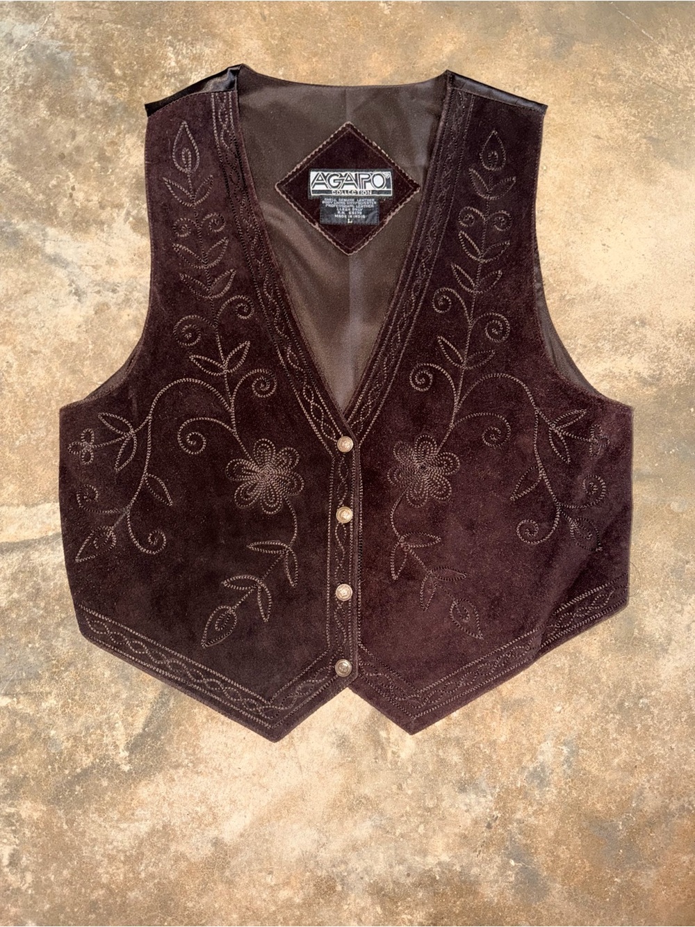 Vintage AGAPO Brown Genuine Suede Leather Embroidered Western Vest L